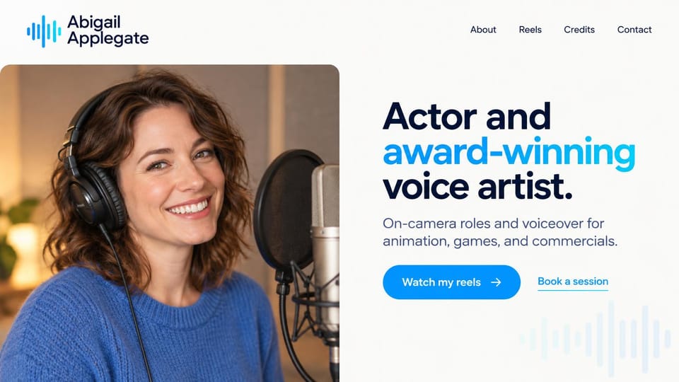 Actor website design, on-camera and voice actor in bright blue: white page, a bold black and bright blue headline, a blue reels button and a smiling woman in a blue sweater and headphones at a microphone in a rounded photo