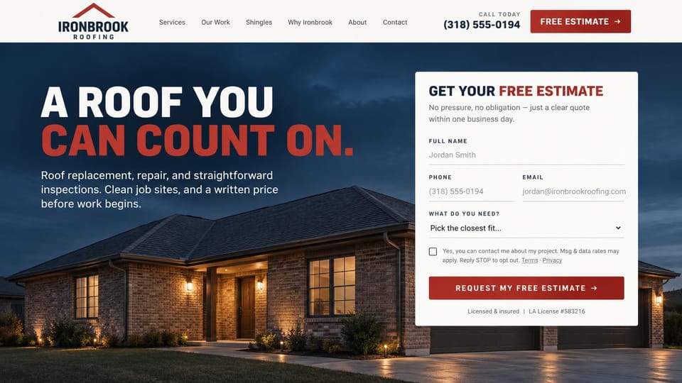 Roofing website design, roof replacement with a lit home at dusk: white header, a brick home lit at dusk under a navy sky, heavy white and red capitals, a white estimate form on the right
