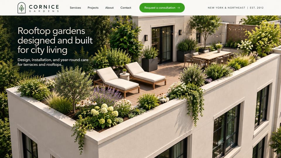 Landscaping website design, rooftop and terrace gardens: light header with a green button, an aerial photo of a planted rooftop terrace with loungers, a white sans headline