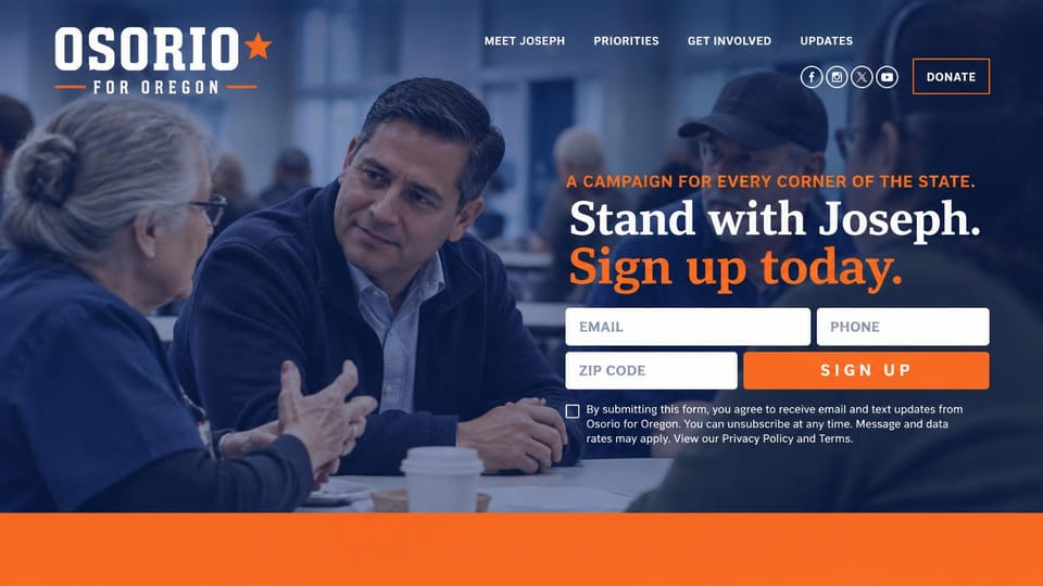 Political campaign website design, statewide race in blue and orange: navy-tinted photo of a man listening to a woman at a cafeteria table, a white and orange serif headline, an orange sign-up button and band