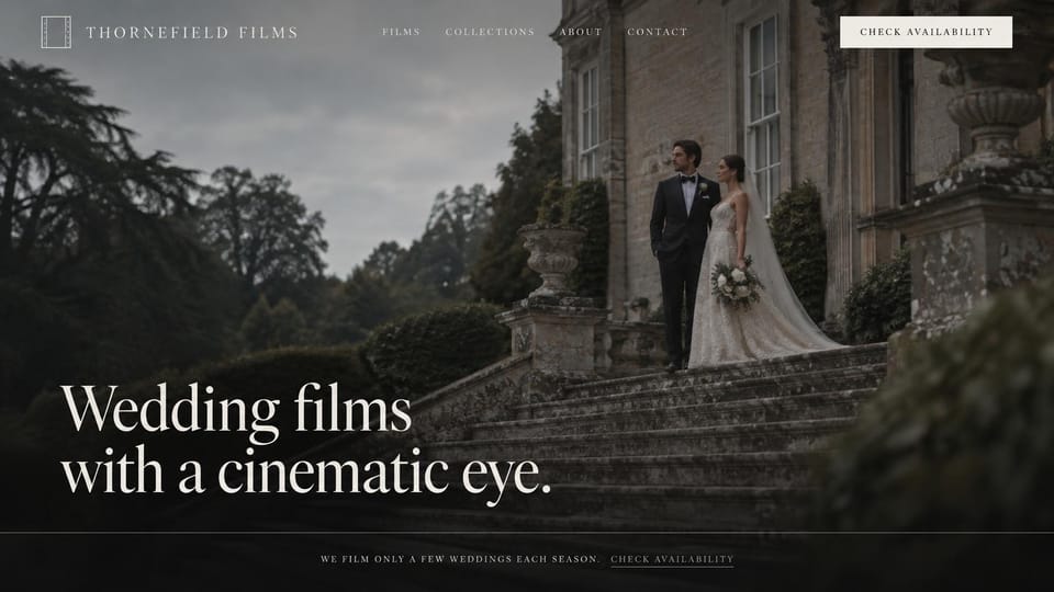 Wedding photographer website design, wedding videographer with a cinematic estate shot: dark photo of a couple on the stone steps of an old estate, white serif headline in the lower left, white button and a thin bottom bar