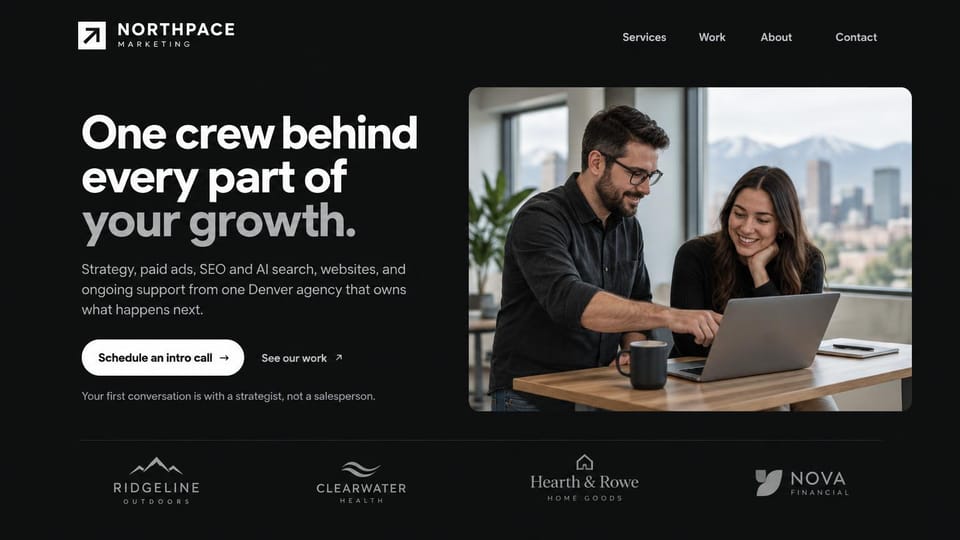 Agency website design, digital marketing crew with client logos: black page, a heavy white and gray headline, a white button, a photo of two people and logos below