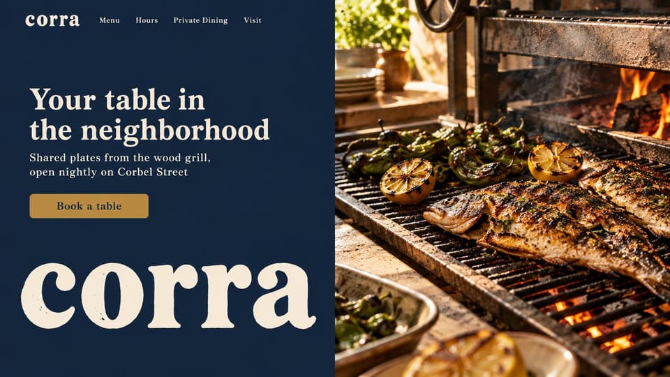 Restaurant website design, neighborhood grill with a bold wordmark: deep navy panel with an oversized cream wordmark and gold booking button beside fish on a wood grill