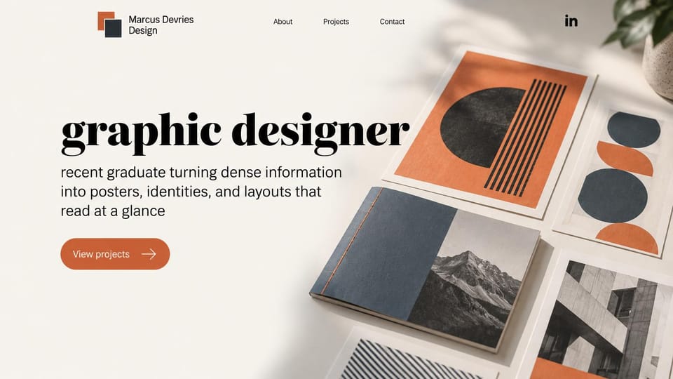 Resume website design, graphic design graduate with posters on the table: cream page, a huge black lowercase serif headline, an orange projects button and a spread of orange, navy and black posters and a booklet