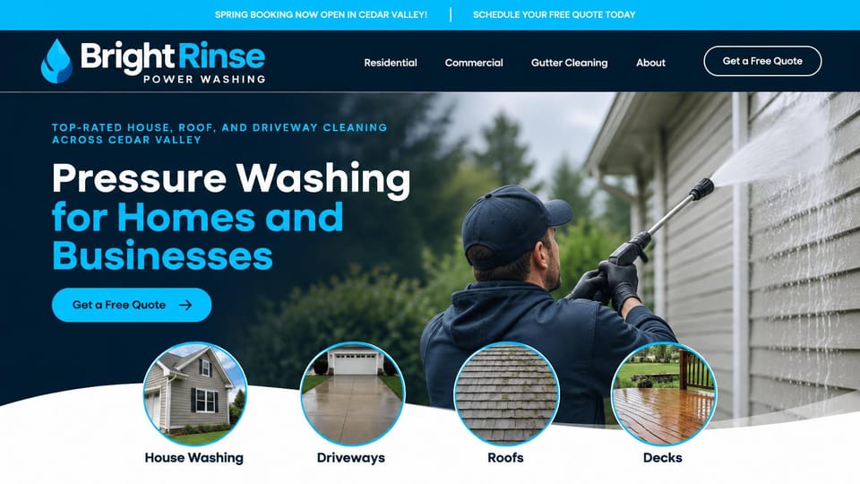 Business website design, homes and businesses with circular service photos: cyan top bar, dark navy hero with a worker washing siding, a white and cyan headline, a row of circular service photos on a white curve