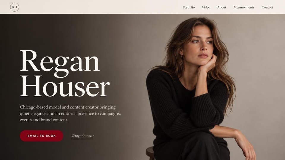 Model portfolio website design, model and content creator with an email-to-book button: warm taupe and dark brown studio, a huge white serif name, a deep red email button and a seated woman in a black sweater