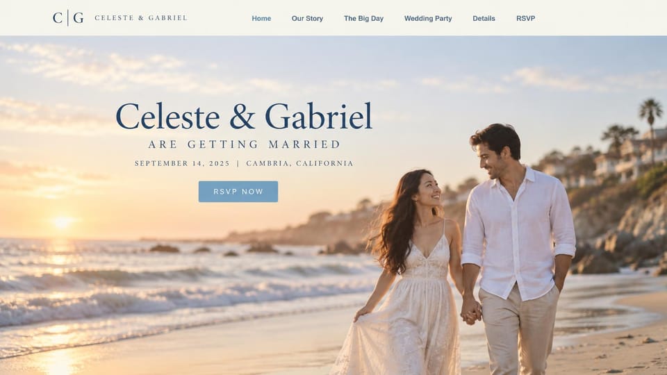 One page website design, beach wedding at sunset: a couple walking hand in hand on a beach at sunset, navy serif names and a pale blue RSVP button