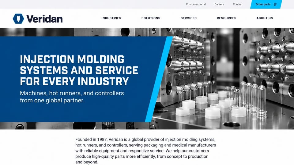 Manufacturing website design, injection molding systems with an angled panel: white header with spaced capital links and an order parts tab, a navy angled panel with a white capital headline over a grayscale photo of a mold and parts