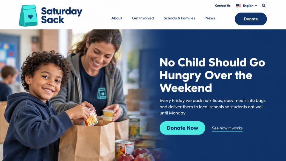 Nonprofit website design, weekend meals program, packed by hand: navy and turquoise, a volunteer and a smiling boy packing a grocery bag, turquoise donate button