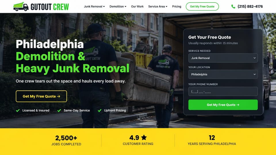 Junk removal website design, demolition and heavy junk with a quote form: white header, a dark photo of two crew members carrying a sofa down a city street, a bright green headline, a dark quote form and a yellow stats band