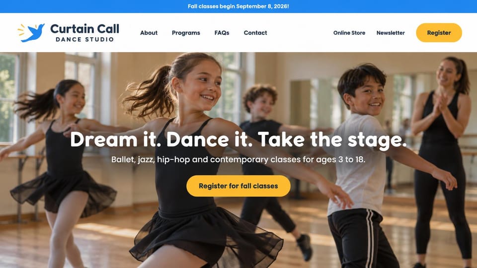 Dance studio website design, kids and teens studio with a joyful class photo: blue top bar, white header, a full-width photo of children dancing in a bright studio, a centered white headline, a yellow register button