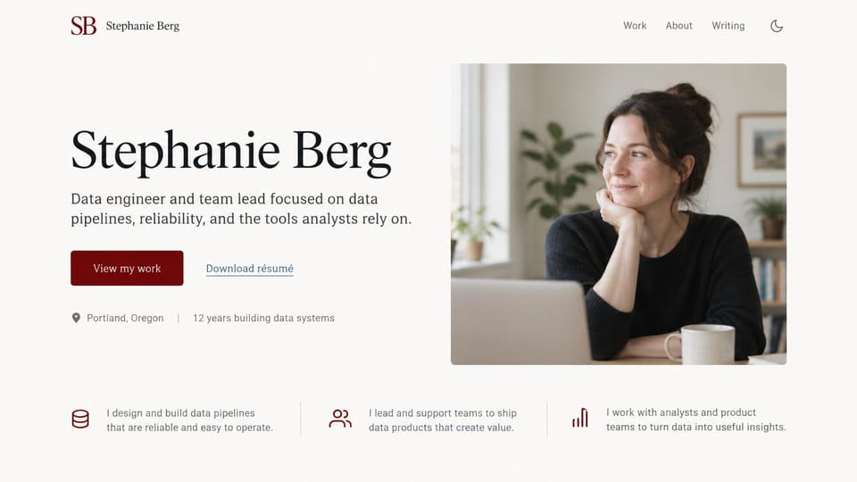 Resume website design, data engineering lead with a highlights row: ivory page, a large black serif name, a burgundy work button and resume link, a woman at a laptop by a window and three icon highlights