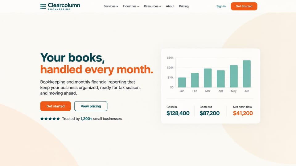 Accounting website design, monthly bookkeeping with a cash flow chart: warm off-white page, a deep teal and orange headline, orange and outlined buttons, a card with a bar chart and cash in and out figures