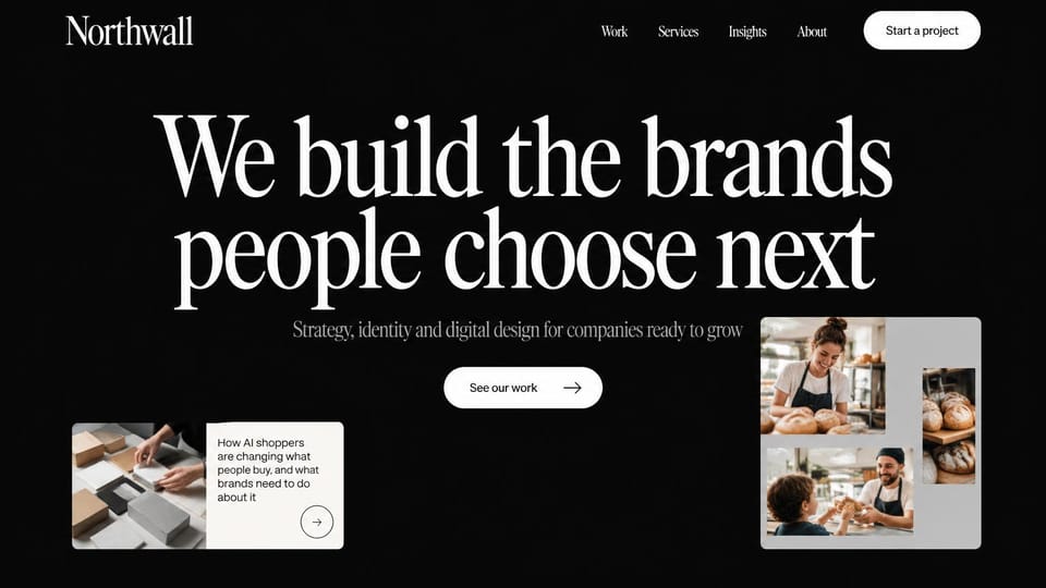 Business website design, brand studio with a giant serif and an article card: black page, a huge white serif headline, a white button, an article card and a bakery project collage