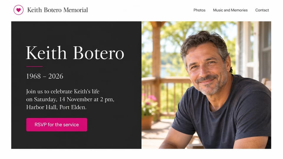 Memorial website design, celebration of life invitation with an RSVP: charcoal panel with a white serif name, dates and a magenta button beside a photo of a smiling man on a sunny porch