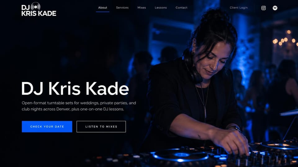 DJ website design, solo DJ for parties, clubs and lessons: dark blue-lit photo of a woman DJ in headphones at turntables, white sans name, a blue button and an outlined one