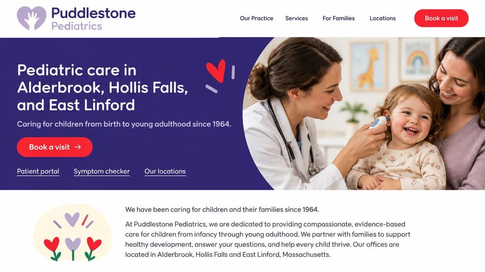 Medical practice website design, pediatrics naming every town it serves: white header with a red book button, a deep purple panel with a white headline and red heart doodles beside a doctor taking a laughing toddler's temperature in her mother's arms
