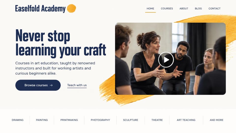 School website design, online art courses with a paint stroke: off-white, a navy condensed headline, a class video framed by a yellow paint stroke and a row of subjects
