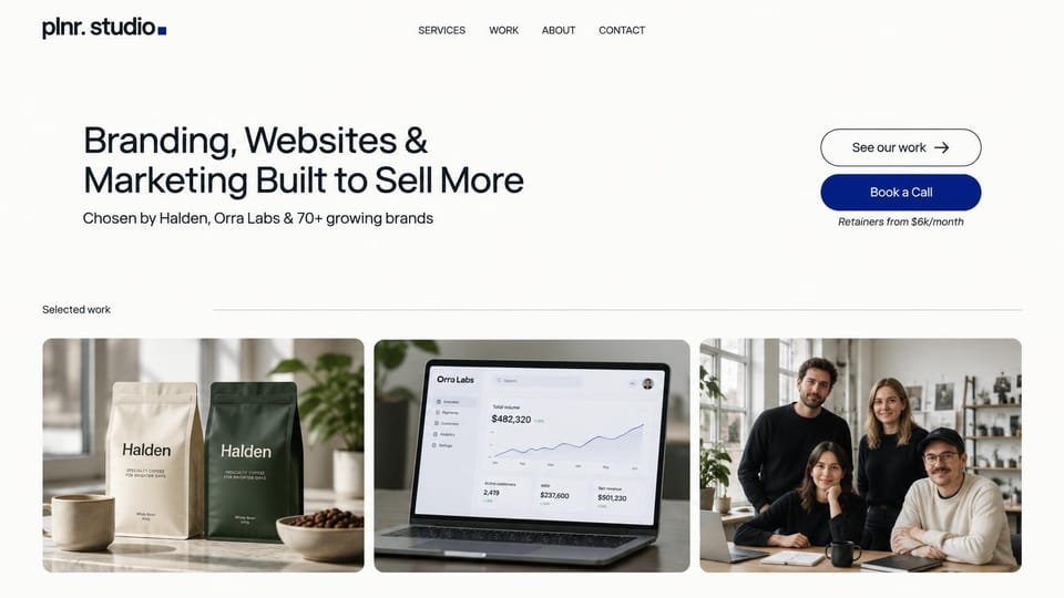 Agency website design, small studio with selected work and a starting price: white page, a dark sans headline, a navy button and three project photos including the team