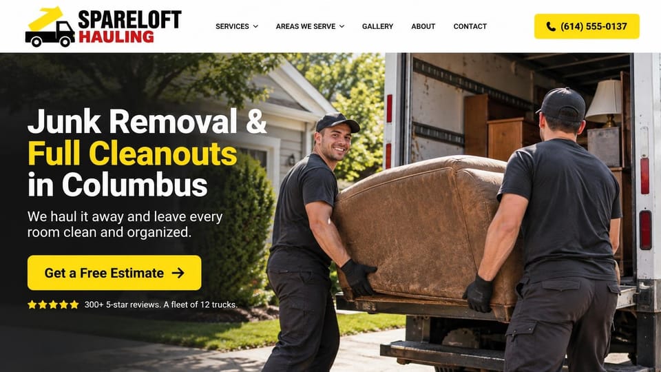 Junk removal website design, full cleanouts in black and yellow: white header, a dark fade over a photo of two crew members in black carrying a leather couch into a truck, a white and yellow headline, a yellow estimate button