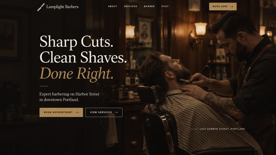 Landing page website design, classic barbershop with a straight-razor shave: dark warm photo of a barber giving a straight-razor shave, a cream serif headline ending in gold italic, gold buttons