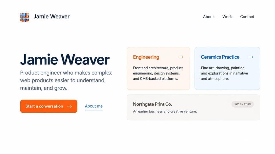 Developer portfolio website design, product engineer with a card for each line of work: white page, a large navy name, an orange start a conversation button and three pale cards for engineering, a ceramics practice and an earlier venture
