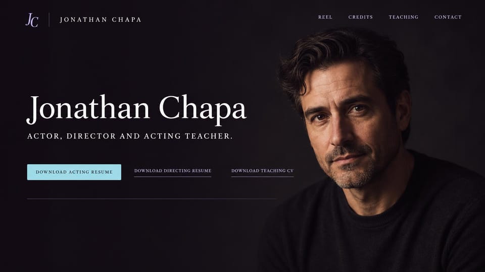 Actor website design, actor, director and teacher with three resumes: near-black page, a large white serif name, a pale blue download button, two text links and a dramatic portrait