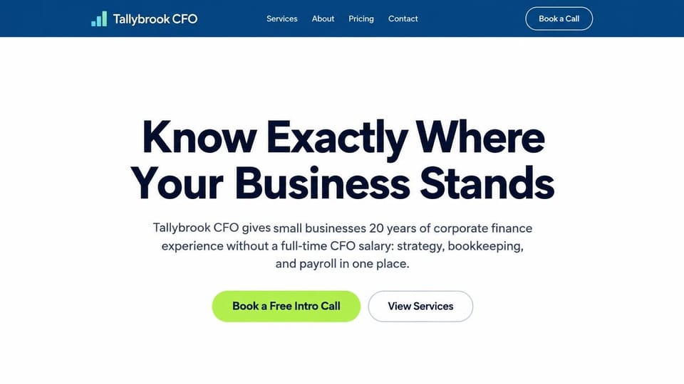 Accounting website design, part-time CFO for small businesses with a centered headline: white page under a blue menu bar, a huge navy sans headline centered, a lime intro call button and an outlined services button