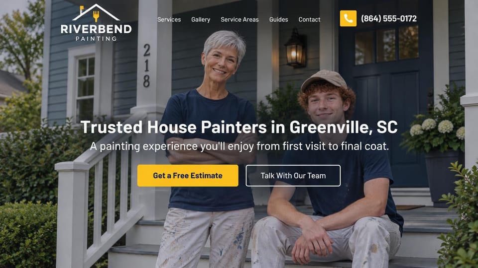 Painting website design, family house painters on the front porch: darkened photo of two painters in navy shirts on a porch of a blue-gray house, a centered white headline, a yellow estimate button and an outlined button