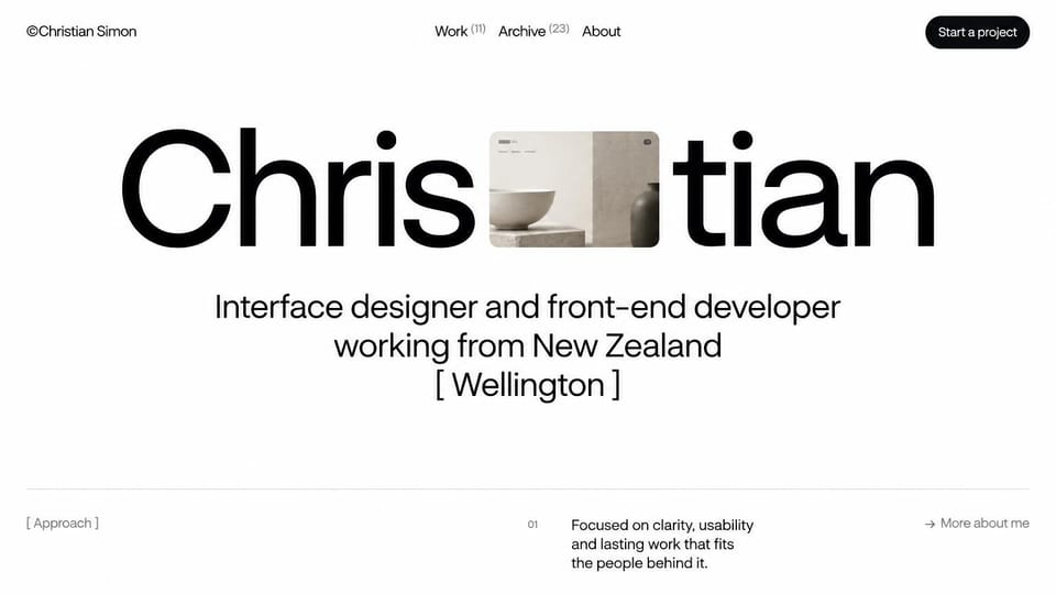 Portfolio website design, interface designer with a photo in the name: white page, an oversized black name with a small product photo inset, a centered intro and a thin rule