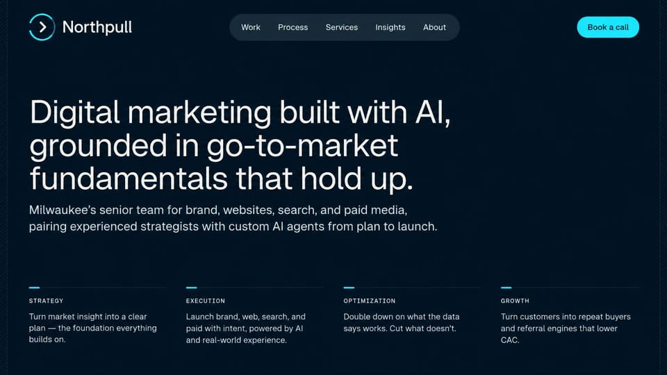 Marketing agency website design, digital marketing with AI, in plain text: dark navy page, a large white headline, a cyan button and four service columns along the bottom