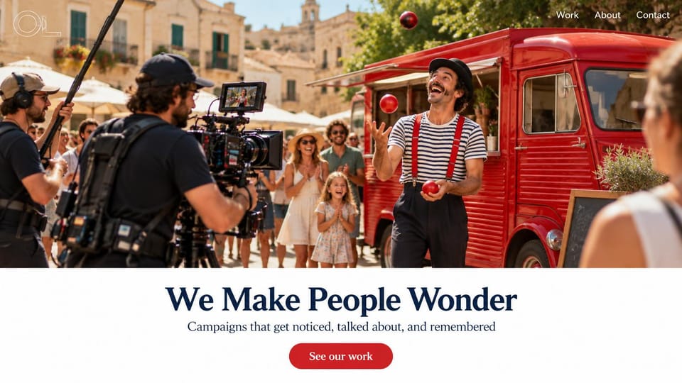 Agency website design, ad and film studio on set: a film crew shooting a juggler by a red food truck, a navy serif headline on white and a red button