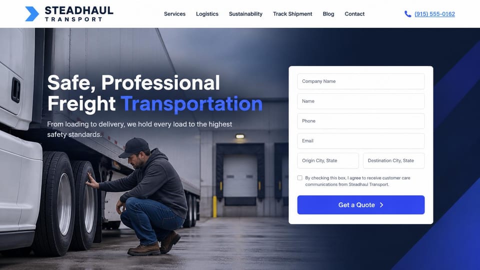 Logistics website design, safety-first carrier with a full quote form: dark blue page, a man crouching to check a truck's tires at a dock, white and blue headline, a white quote form card with a blue button