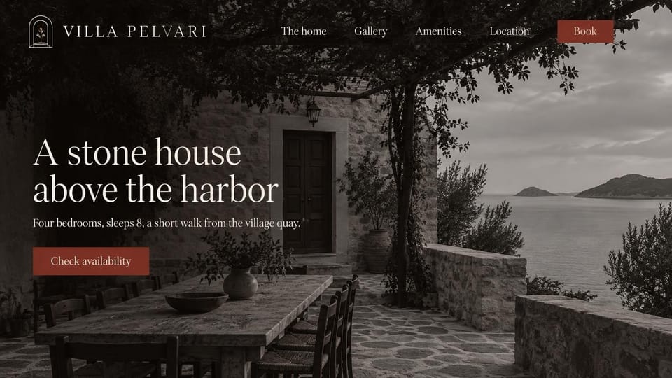 Vacation rental website design, seaside stone villa in dark sepia: dark sepia photo of a stone terrace with a long table under a tree above the sea, white serif headline, rust red buttons