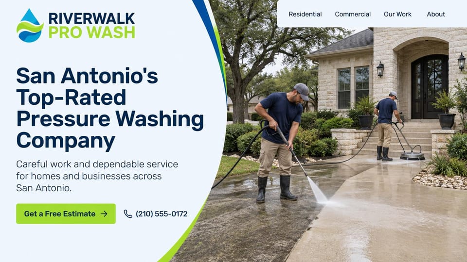 Pressure washing website design, city pressure washing with two workers at a stone home: pale blue panel with a curved green and blue edge, a navy headline, a lime estimate button, two workers cleaning a driveway and steps in front of a stone house
