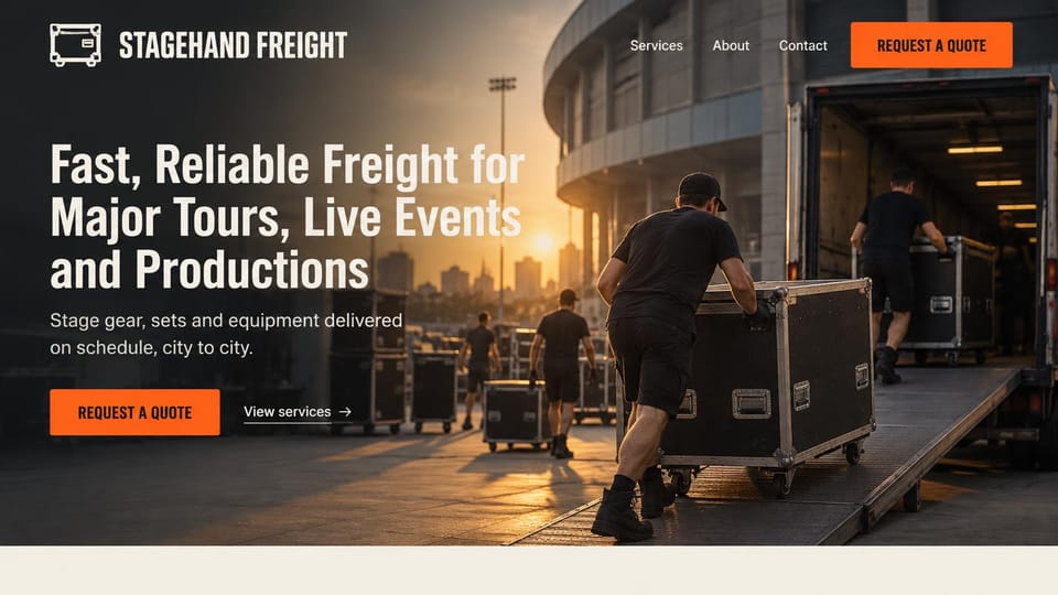Logistics website design, tour and event freight at sunset: dark sunset photo of a crew in black rolling road cases up a ramp into a truck outside an arena, cream condensed headline, orange buttons