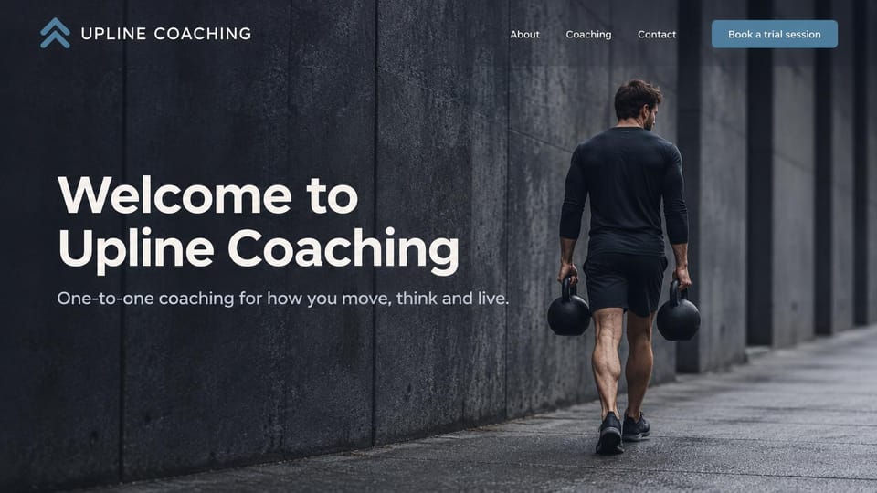 Personal trainer website design, mind and movement coaching with a moody concrete scene: dark concrete wall photo, a large white welcome headline, a steel blue trial button, a man walking away carrying two kettlebells