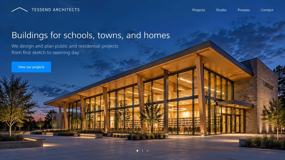 Architecture website design, schools, towns and homes in deep blue: deep blue dusk sky over a lit timber library, white sans headline and text, bright blue button