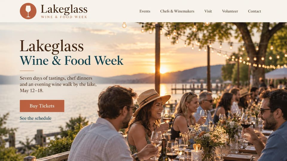 Event website design, lakeside wine and food week at sunset: cream header with a round wine glass logo, sunset photo of guests at a long table under string lights by a lake, brown and teal serif headline, terracotta ticket button