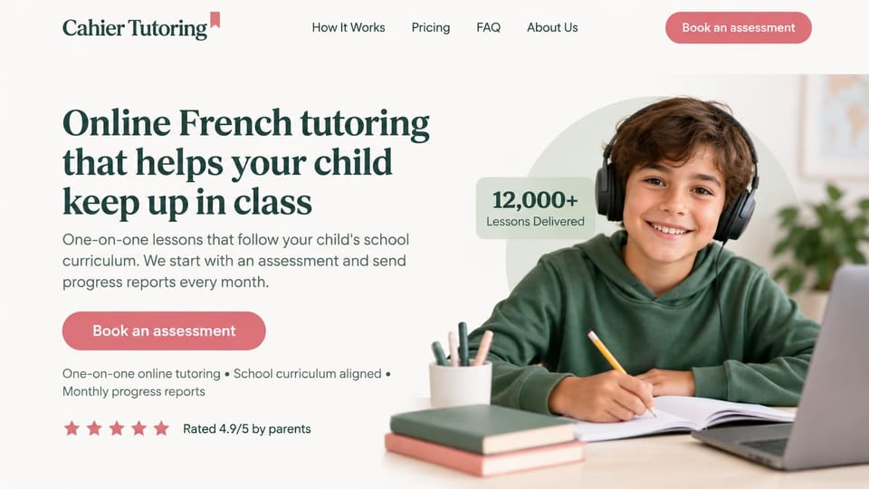 Tutoring website design, online language tutoring for school kids: white page, dark green serif headline, a boy in headphones writing beside a laptop, a lessons badge and a coral button
