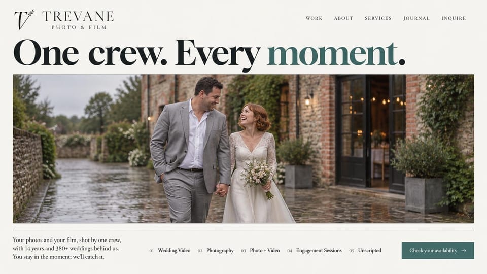 Wedding photographer website design, photo and film crew with services in a row under the photo: off-white page, a huge black serif headline with one teal word, a wide photo of a laughing couple on a wet cobbled lane, a row of services and a teal button