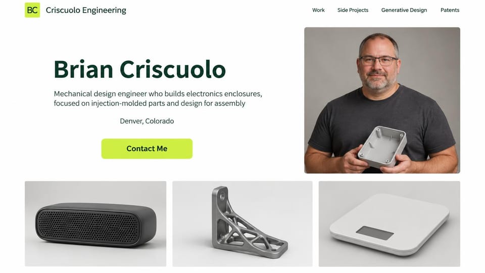 Engineering portfolio website design, product design engineer with product shots: white page, a deep green name, a lime contact button, a man holding a gray plastic enclosure and photos of a speaker, a bracket and a scale