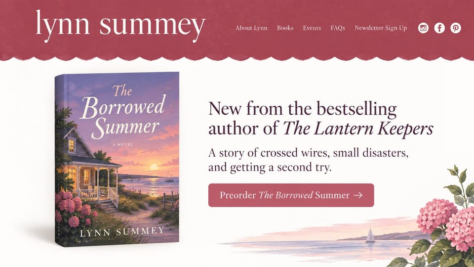 Author website design, novelist with the preorder up front: rose-red scalloped header, plum serif text, an illustrated seaside cover and a pink preorder button