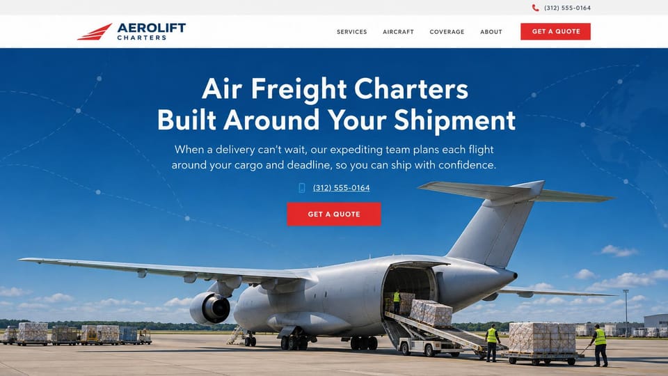 Logistics website design, air freight charters with a centered pitch: white header, a blue hero with dotted routes, centered white headline, red quote button, a cargo jet loading pallets through its side door on the apron