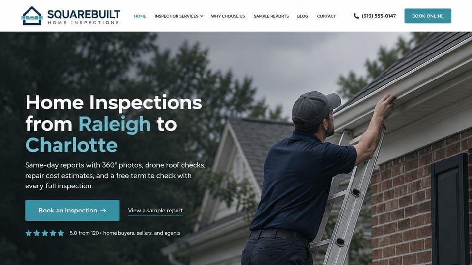 Home inspector website design, regional inspection company with drone roof checks: white header with a teal booking button and phone number, dark photo of an inspector on a ladder at a roof gutter, a white and teal headline, a teal booking button, a sample report link and a five-star line