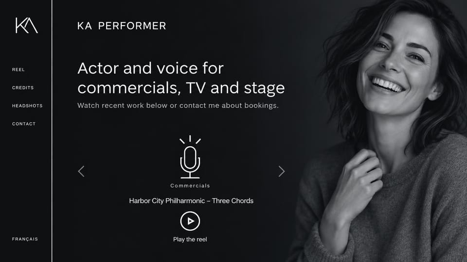 Actor website design, commercial and TV actor with a reel carousel: black page, a thin vertical menu, a grayscale photo of a laughing woman and a reel carousel with a microphone icon and a play button