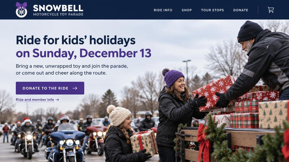 Event website design, holiday toy drive ride with bikers in Santa hats: navy header with a wheel and bow logo, overcast photo of women in knit hats handing wrapped gifts onto a truck with motorcyclists behind, navy and purple headline, purple donate button