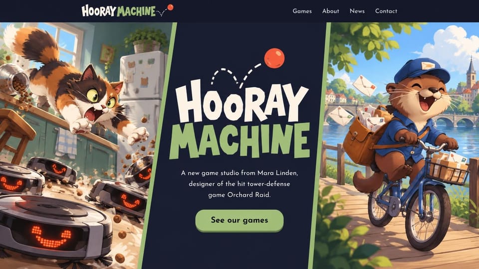 Gaming website design, new studio with a founder's track record: navy center panel between slanted art panels of a cat leaping over grinning robot vacuums and an otter delivering mail by bike, chunky white and green headline with a bouncing red ball, a green button