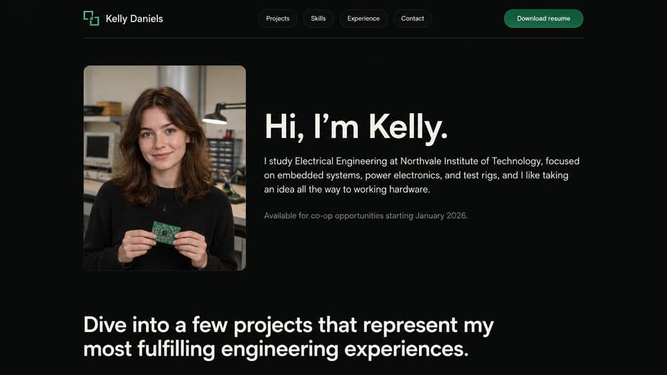 Engineering portfolio website design, electrical engineering student looking for a co-op: black page, a large white hello, a green resume button and a portrait of a young woman holding a small circuit board in a lab