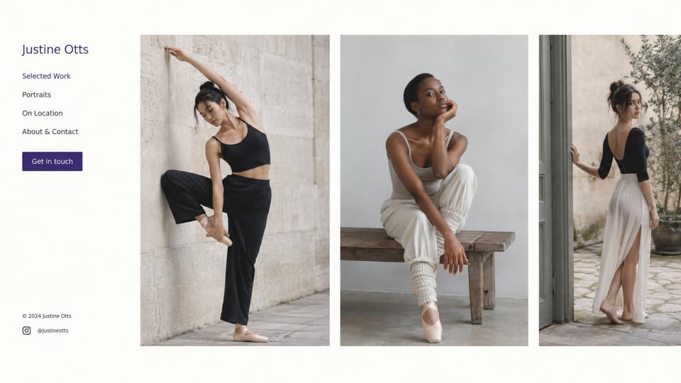 Photography website design, dance portraits with a side menu: off-white page, a narrow left menu with a purple button beside three tall photos of ballet dancers